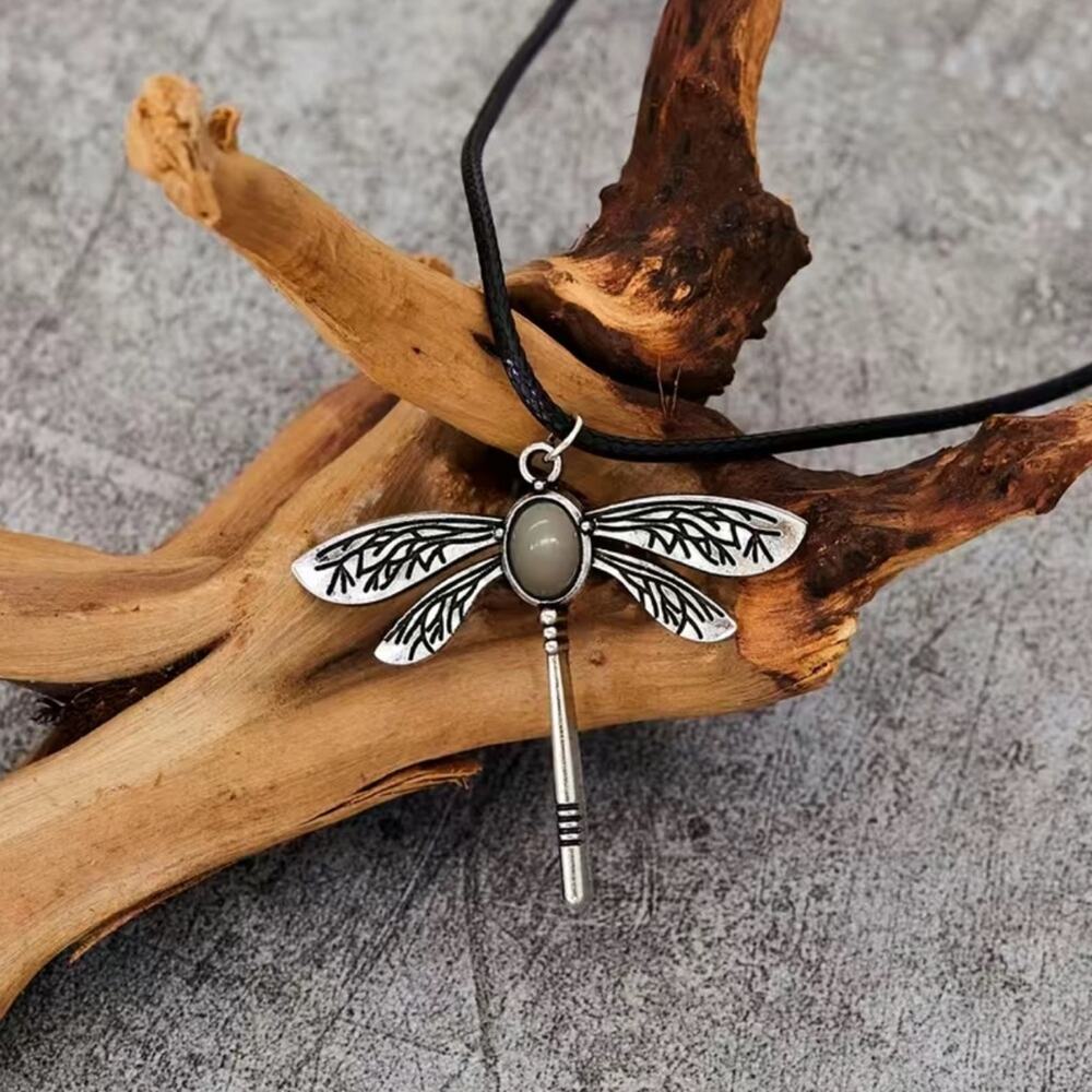 Dragonfly Pendant Vintage Style Silver Tone Nylon Cord Metal Clasp